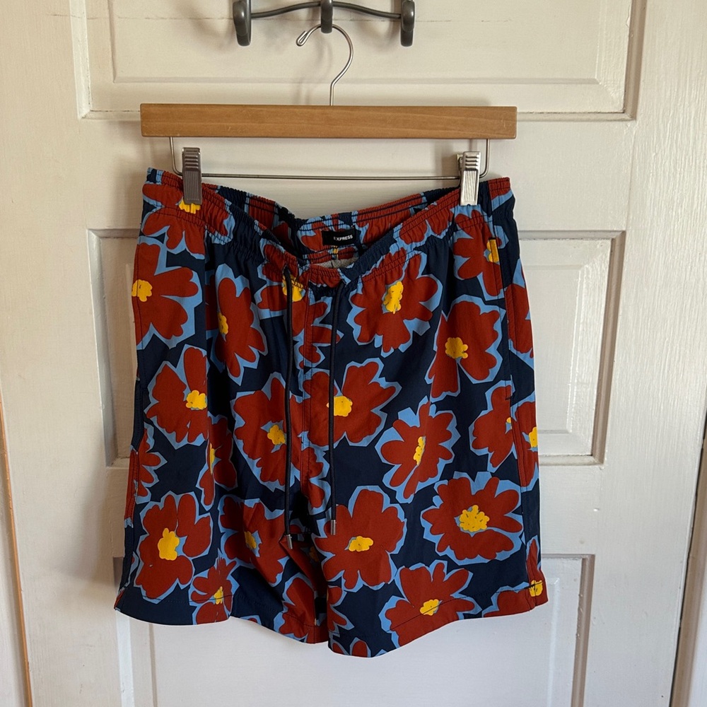 Express Navy Shorts with Red Floral Print and Yellow Accents